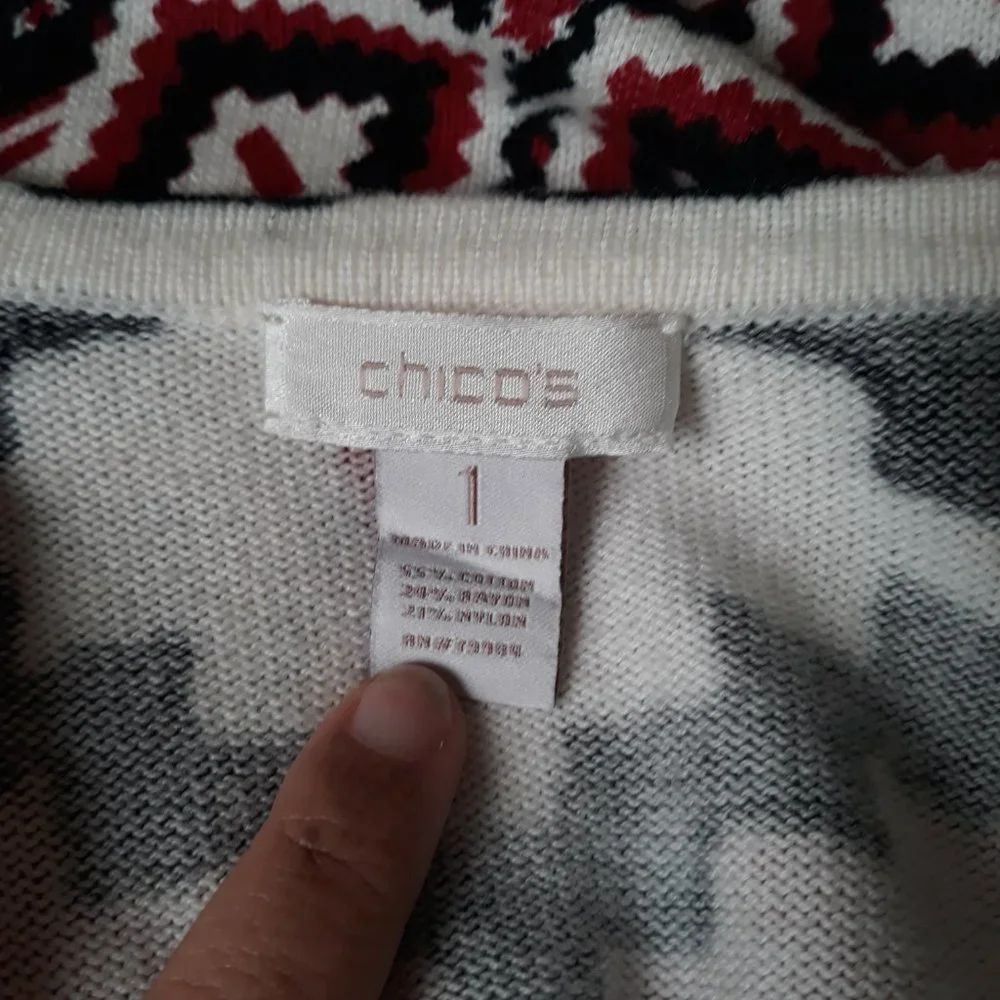 Chicos Sz 1 (MEDIUM) Tribal Chevron Lacey Open Front Cardigan Sweater Soft Knit - Picture 7 of 8